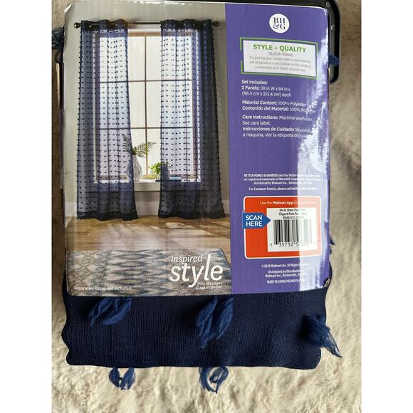 Better Homes and Gardens 84 in. Sheer Navy Window Panels Pom Pom - Picture 4 of 4